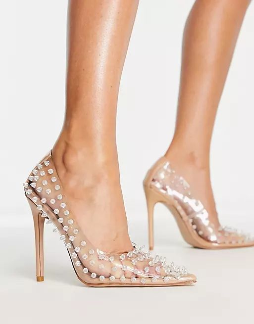 Simmi London clear rhinestone heeled stiletto shoes in beige | ASOS (Global)