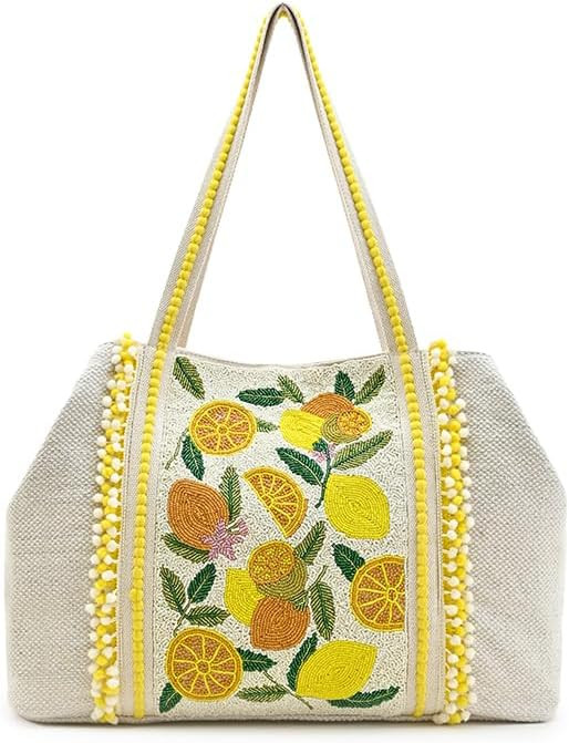 America & Beyond Make Lemonade Tote – 24" X 13" X 6"- Lemon Yellow Hand-Beaded Summer Tote Bag | Amazon (US)