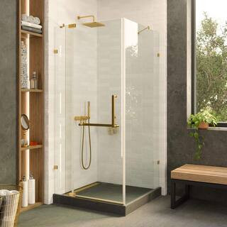 30 in. W x 30 in. L x 74 in. H Frameless Corner Shower Enclosure with Hinged Clear Tempered Glass in Satin Brass | The Home Depot