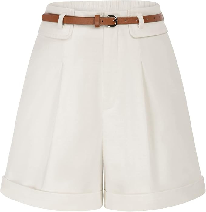 Belle Poque Bermuda Shorts for Women with Belt Pockets High Waisted Fold-Over Leg Opening Cotton ... | Amazon (US)