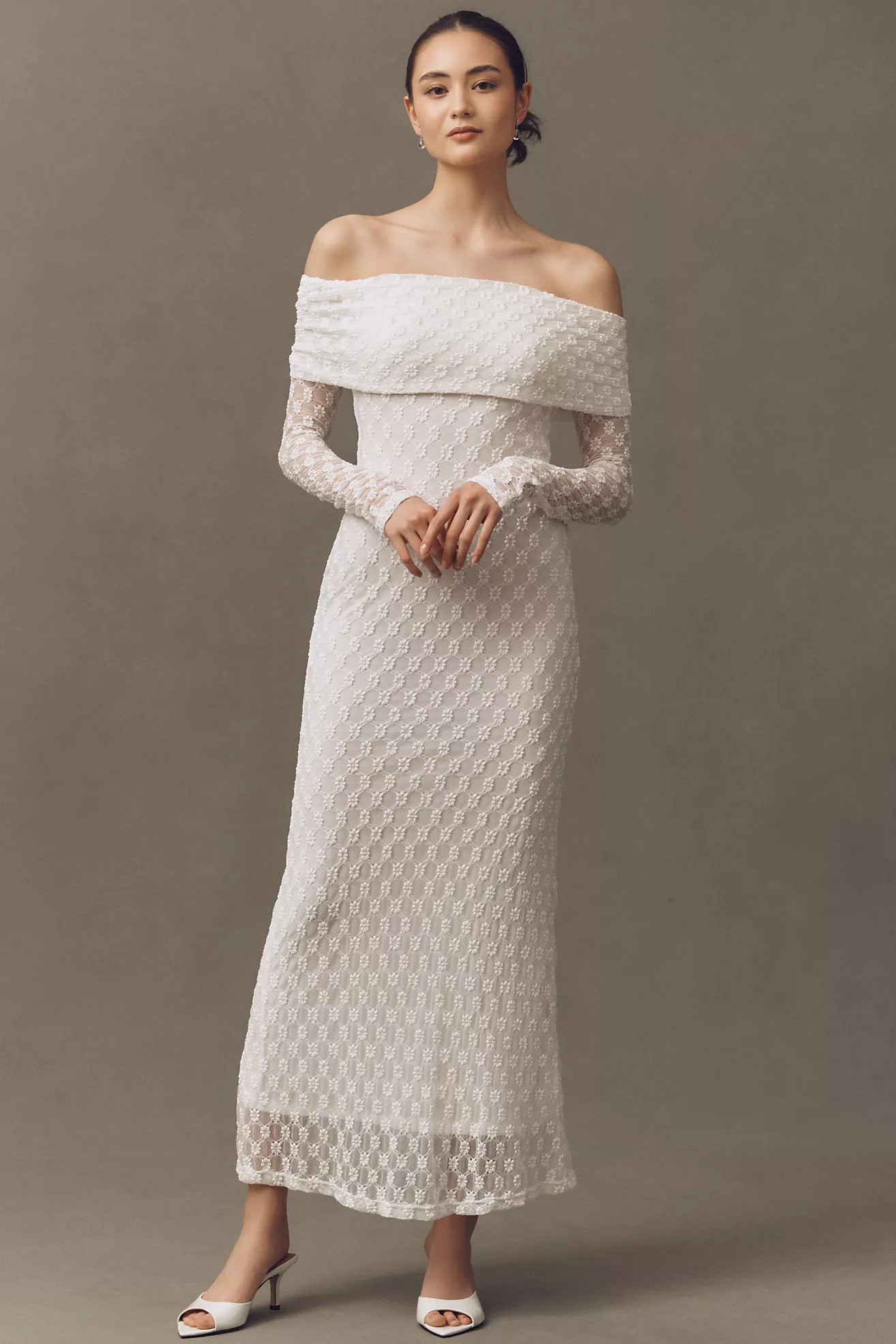 Bardot Adoni Off-The-Shoulder Fitted Stretch Lace Midi Dress | Anthropologie (US)