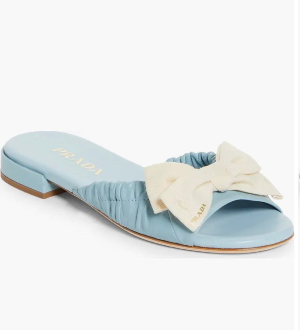 Prada something blue shoes 
Light blue with white cream bow Prada sandals 
Summer designer slides perfect for bride at wedding 

#LTKTravel #LTKootd #LTKWedding