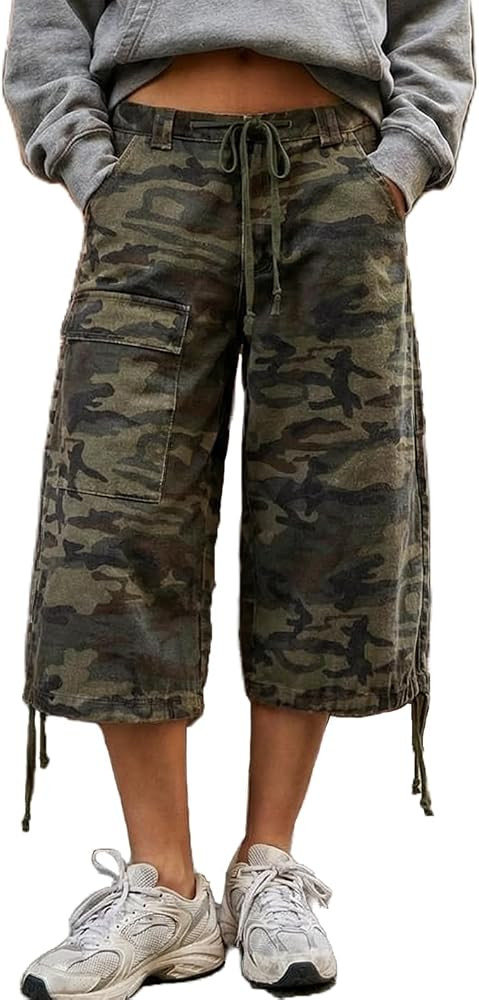 Mxiqqpltky Y2K Cargo Jean Shorts Women Summer Camouflage Print Drawstring Low Rise Baggy Denim Sh... | Amazon (US)