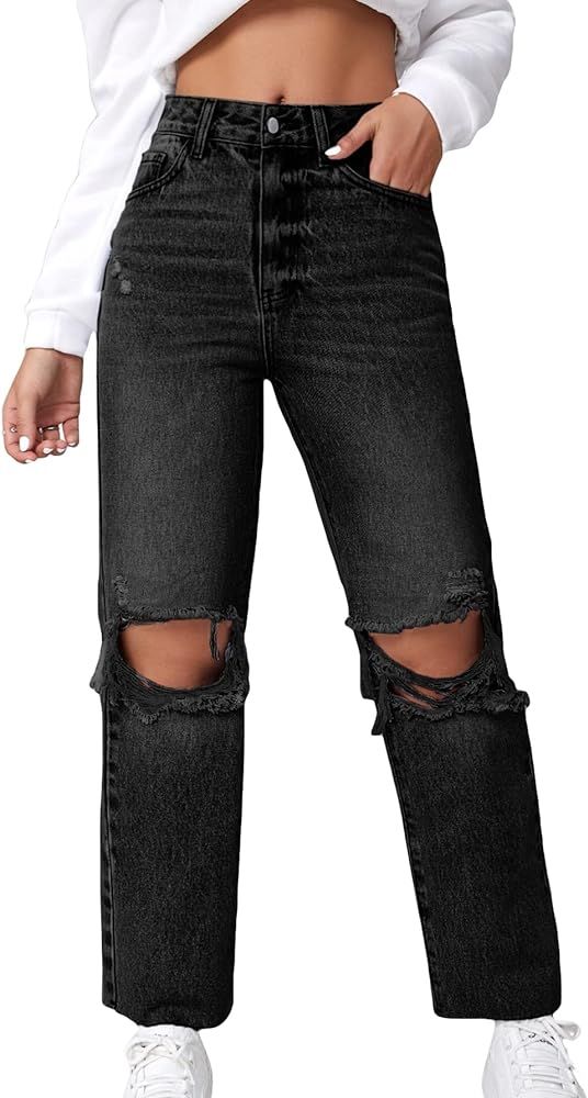 MakeMeChic Women's High Waist Straight Leg Ripped Jeans Distressed Denim Pants | Amazon (US)