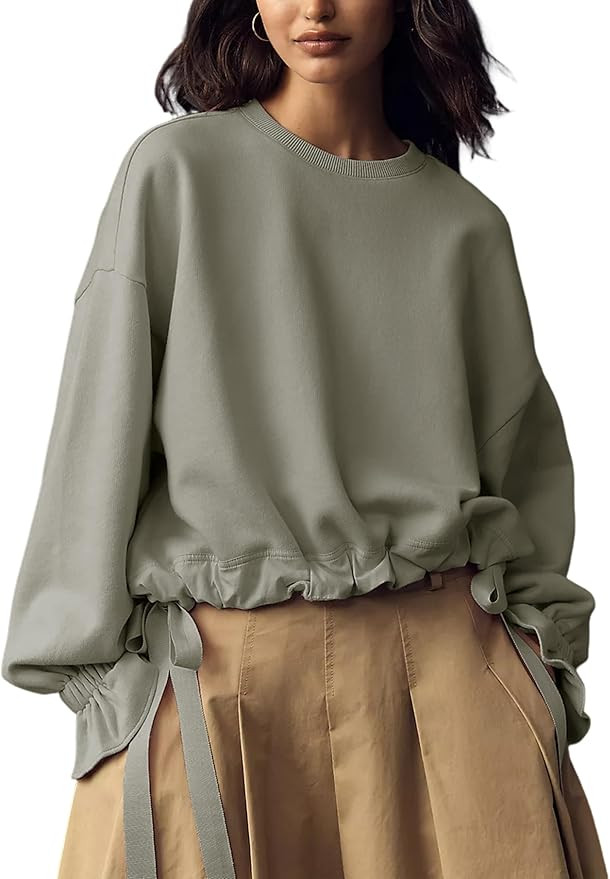 Women's Long Sleeve Crewneck Shirt Tops Oversized Casual Drawstring Hem Pullover Sweatshirts Fall... | Amazon (US)