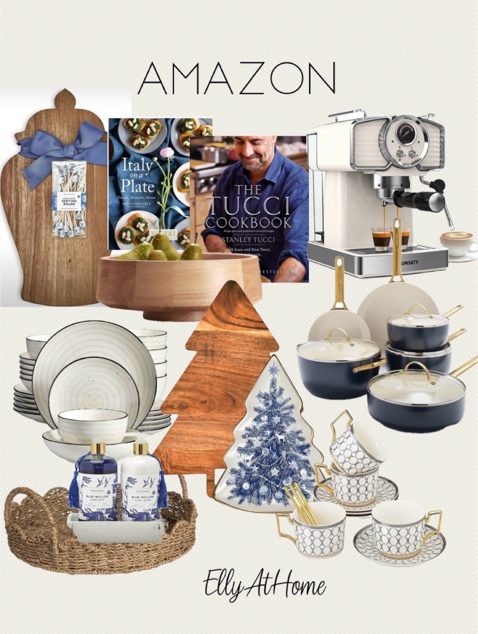 Amazon kitchen finds. Shop pretty blue accents, holiday wood boards, wood bowl, recipe book, dinnerware, soap dispenser, elegant cups and saucers, espresso , cappuccino machine, quality cookware. . Free shipping, sales. Kitchen holiday, Christmas home decor accessories. 

#LTKFindsUnder50 #LTKHome #LTKHoliday