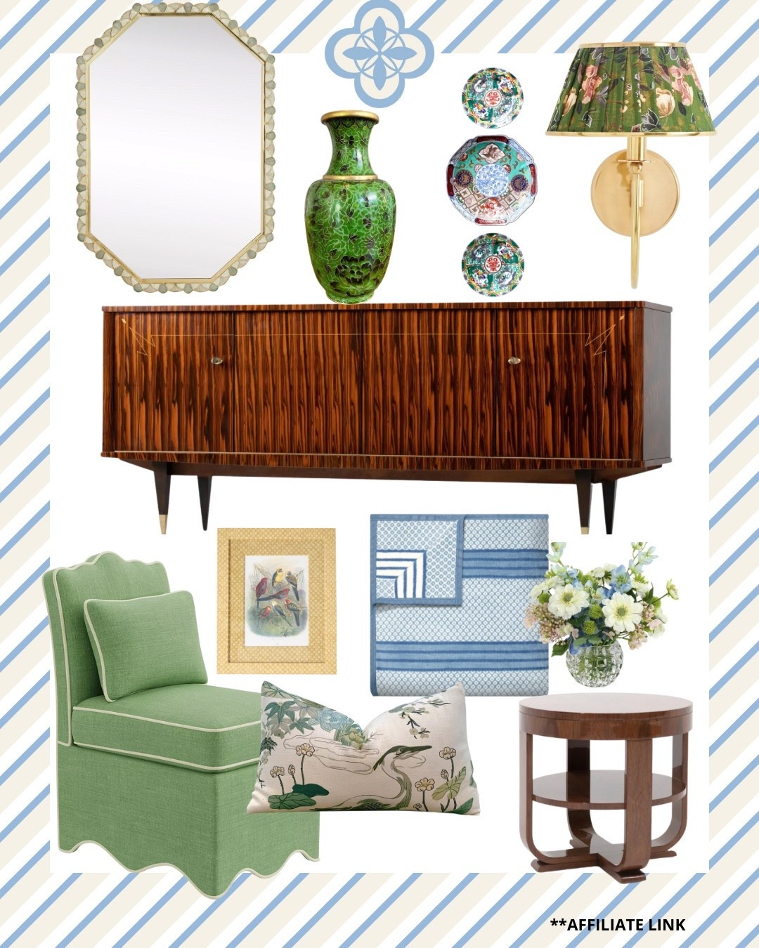 This soothing pallet of blues and greens with the perfect balance of an antique French Mid-Century ebonized sideboard and scalloped side chair would be a perfect jumping off point for a cheerful living room or office design

#LTKHome #LTKStyleTip #LTKFindsUnder100