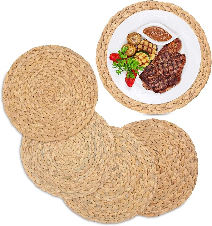 Water Hyacinth Wicker Placemats 13.8”- Set of 4, Natural Round Woven Placemat, Braided Plate Ch... | Amazon (US)