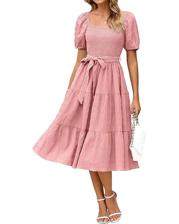 BerryGo Women's Summer 2025 Casual Smocked Midi Dress Square Neck Modest Puff Sleeve Flowy Beach ... | Amazon (US)