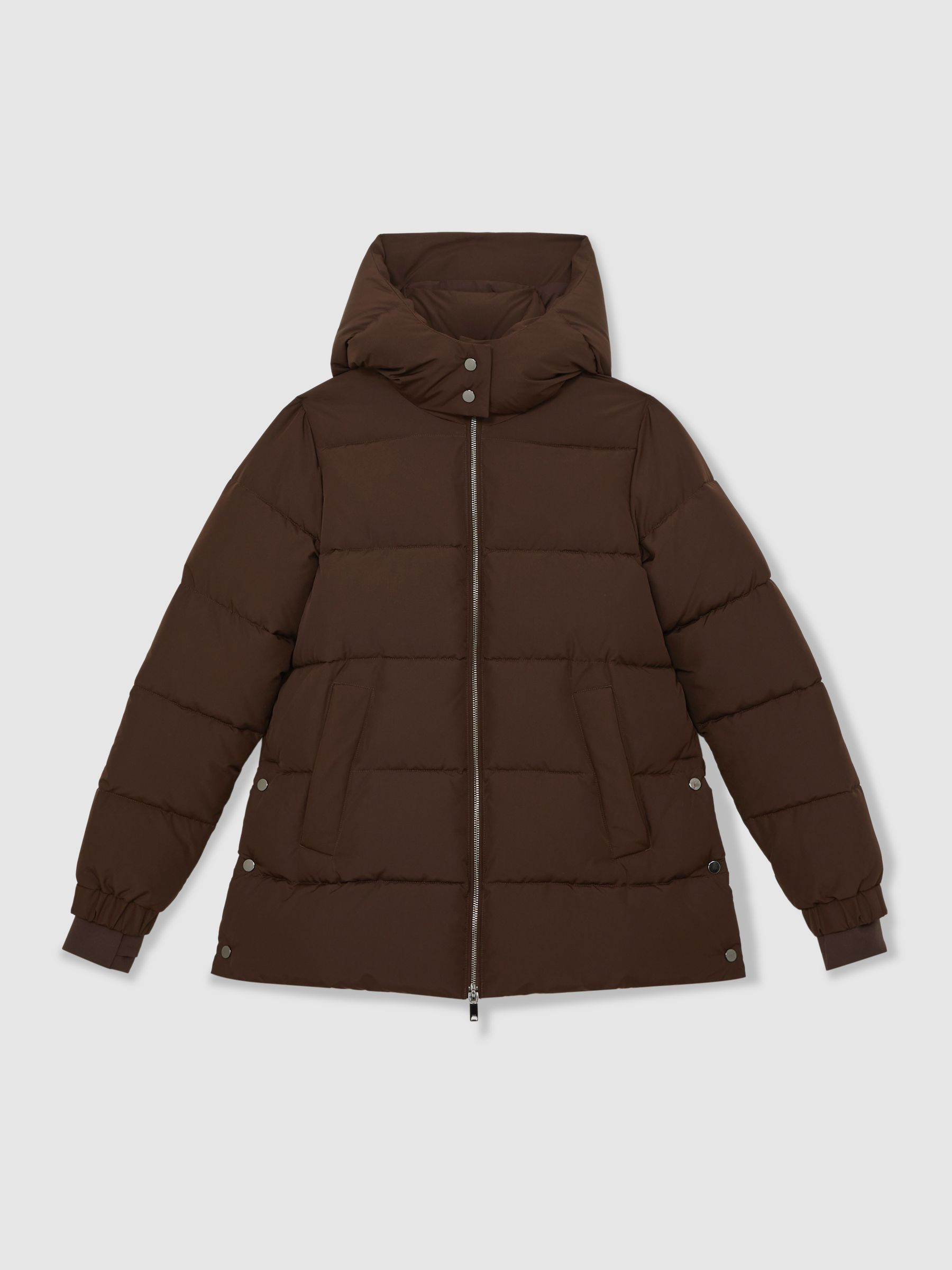Reiss Short Hooded Puffer Coat in Chocolate Brown - REISS | Reiss UK