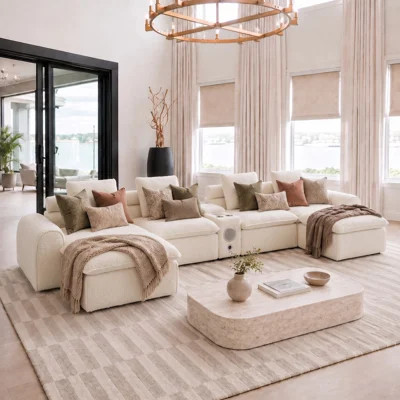 179-Inch White Boucle Sectional Sofa, Oversized Deep Seat L-Shaped Modular Couch with Plush Cloud Cushions, Wide Roll Arms and Accent Pillows for Livi | Wayfair North America