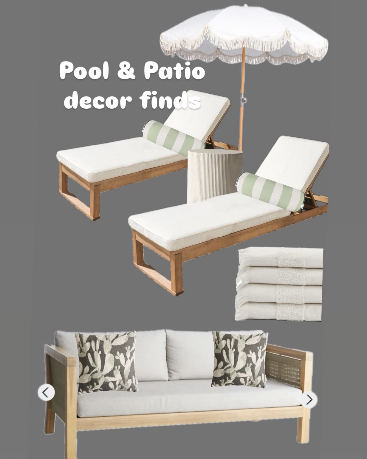 Stylish and inexpensive pool & patio decor. 

#summersales #ltksales #patiofurniture #poolfurniture #outdoordecor #outdoorfurnituresale #patiodecorsale #stylishoutdoordecor #stylishsummer #poolaesthetic #budgetoutdoorfurniture

#LTKSummerSales #LTKSaleAlert #LTKSeasonal