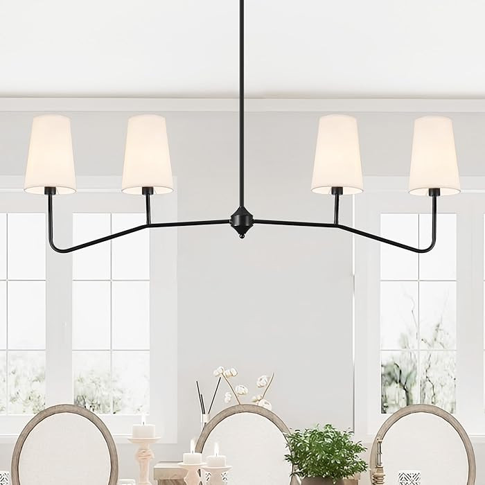 47" Modern Linear Chandelier, 4-Light Black Pendant Light with Fabric Shades, Adjustable Height C... | Amazon (US)