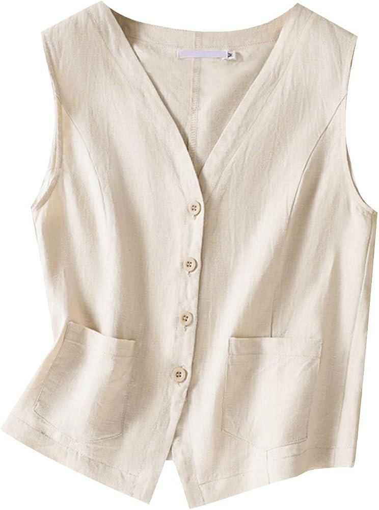 MINTLIMIT Women's Linen Vest Casual Button Down Sleeveless Blazer Tank Top Lightweight Business J... | Amazon (US)