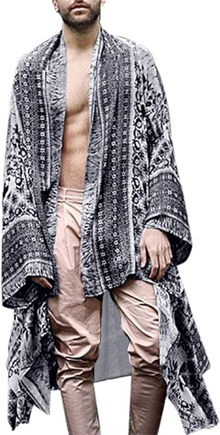 Men Long Cardigan Lightweight Kimono Loose Open Front Ruffle Shawl Collar Drape Cape Vintage Cloa... | Amazon (US)