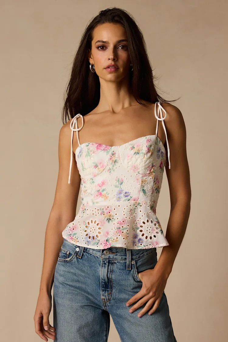 Kalela White Multi Floral Eyelet Cami Top | Lulus