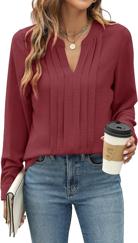 Blooming Jelly Women's Dressy Casual Blouses Business Work Tops Long Sleeve V Neck Pleated Shirts... | Amazon (US)
