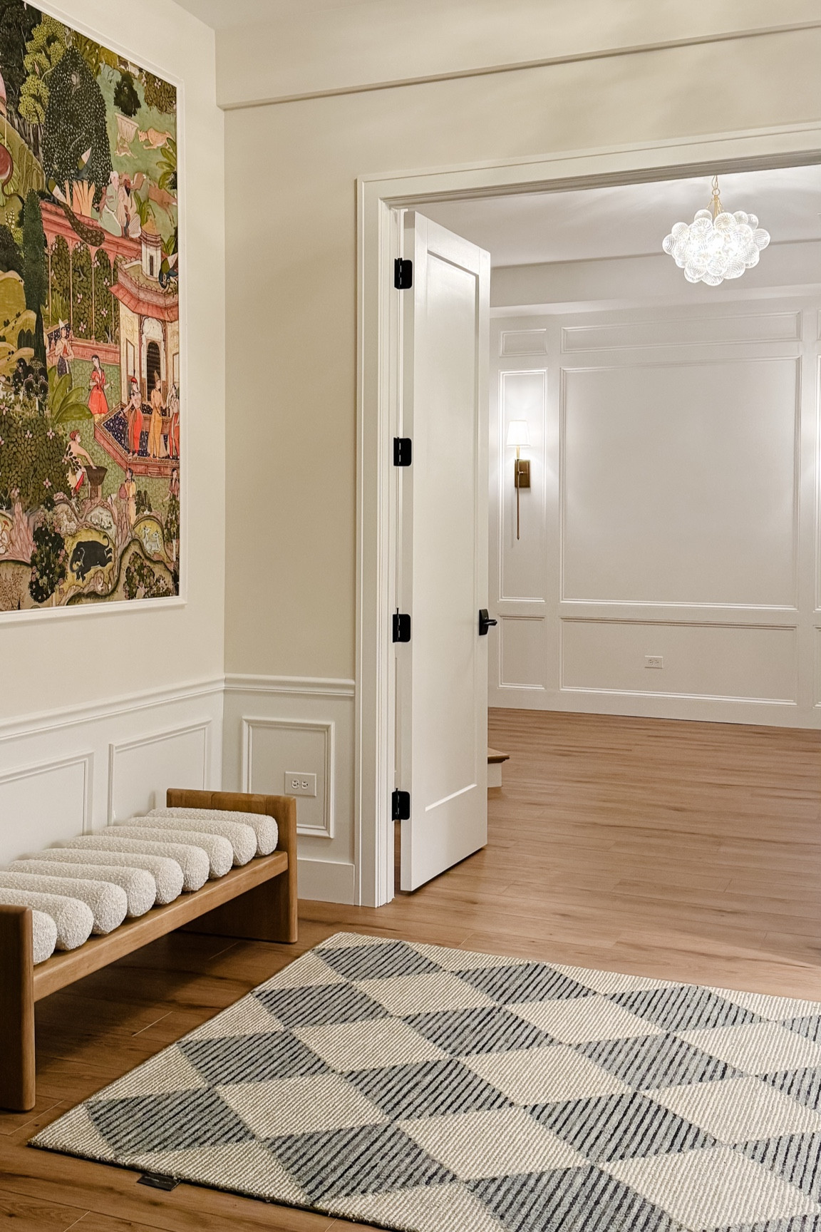 Basement entryway complete with an Indian inspired mural, quirky bolster bench and a classic rug from Loloi! Can’t forget about the lighting that pulls it all together! 

#LTKStyleTip #LTKFamily #LTKHome