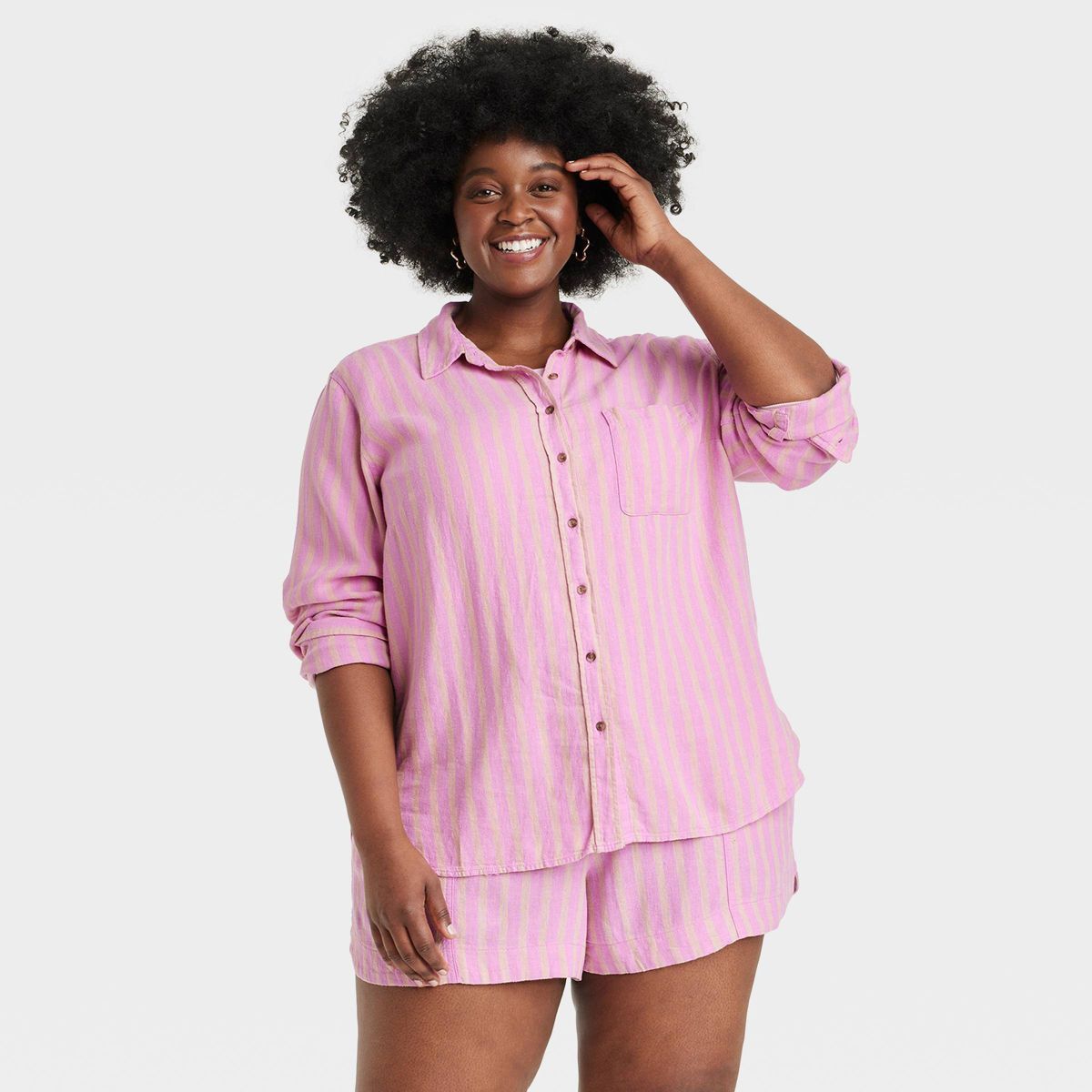 Women's Linen Long Sleeve Collared Button-Down Shirt - Universal Thread™ Pink Striped XXL | Target
