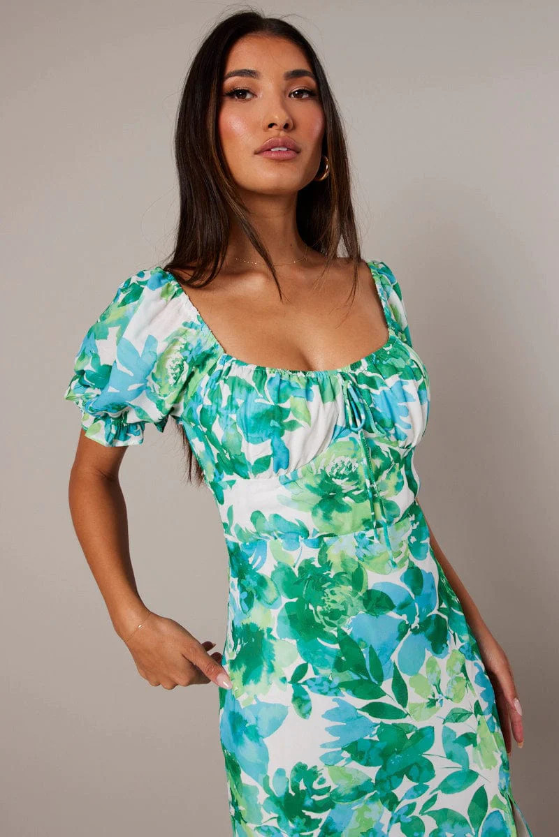 Green Floral Midi Dress Puff Sleeve | Ally Fashion (US, Australia & New Zealand)