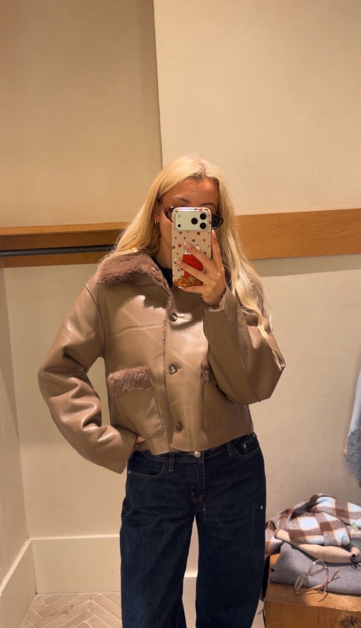 Brown faux leather jacket with faux fur