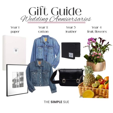 Traditional anniversary gifts for years 1-4. Year 1 is a great opportunity to use wedding photos. Year 2 you can get creative with his and hers clothing. Year 3 we opted for faux leather and for year 4 I found the most amazing flower and misc. gift website. You have to check it out for any occasion!!! #LTKGiftGuide

#LTKfamily #LTKwedding