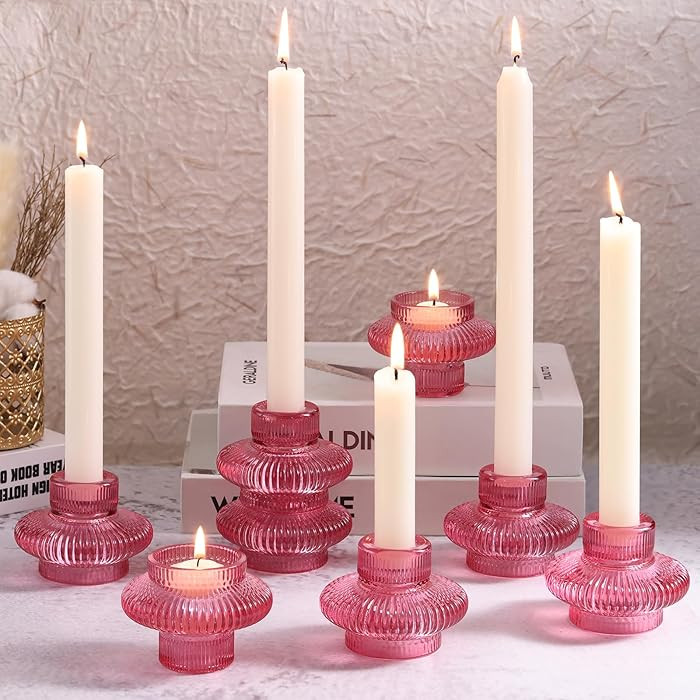 Pink Taper Candle Holders Set of 8, Glass Candlestick Holders, Tea Light Candle Holder for Weddin... | Amazon (US)
