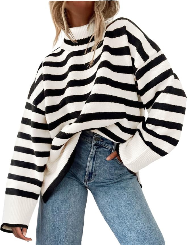 AGSEEM Fall Sweaters for Women Pullover Long Sleeve Turtleneck Striped Cable Knit Side Slit Tops ... | Amazon (US)