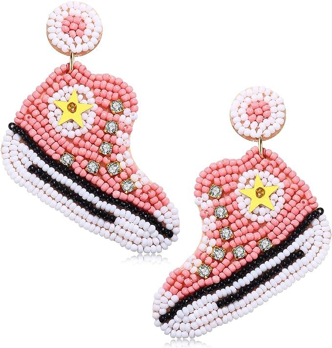 Beaded Sneakers Earrings Handmade Statement Sport Tennis Shoes Beaded Drop Dangle Earrings for Women | Amazon (US)