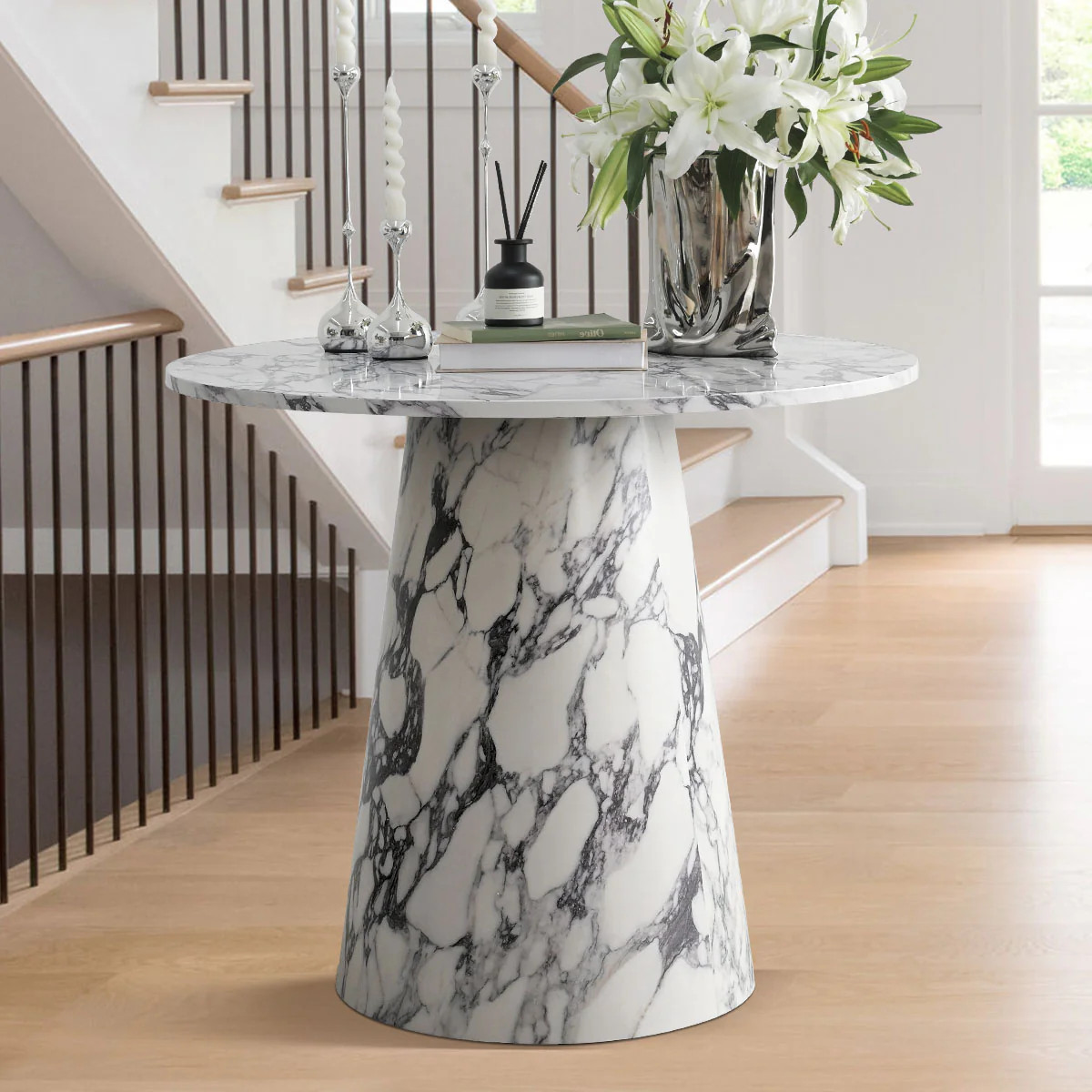 Dwen 35" Modern Faux Marble Round Pedestal Console Table | Pop Maison