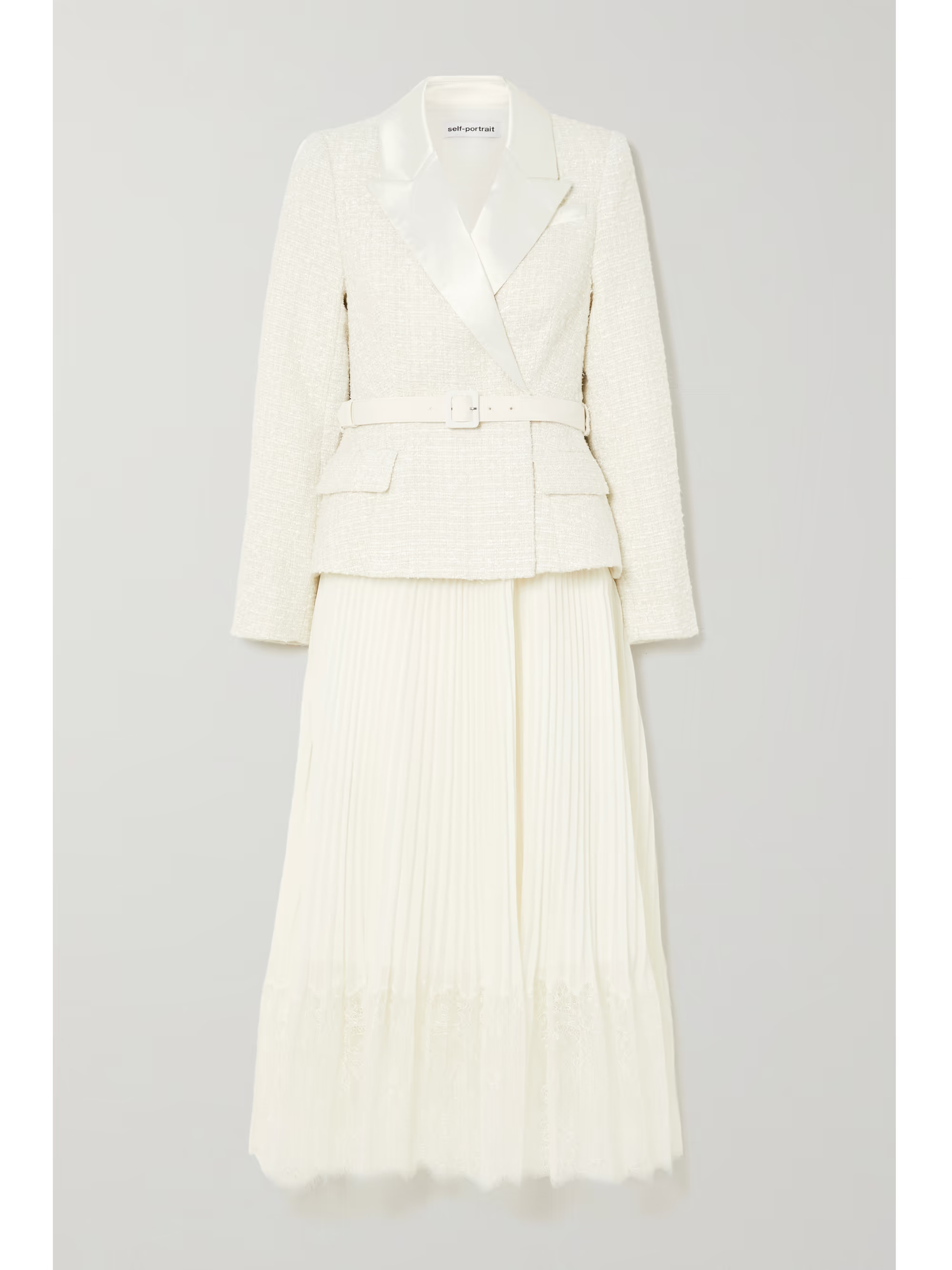 Belted pleated satin and lace-trimmed bouclé and chiffon midi dress | NET-A-PORTER (US)