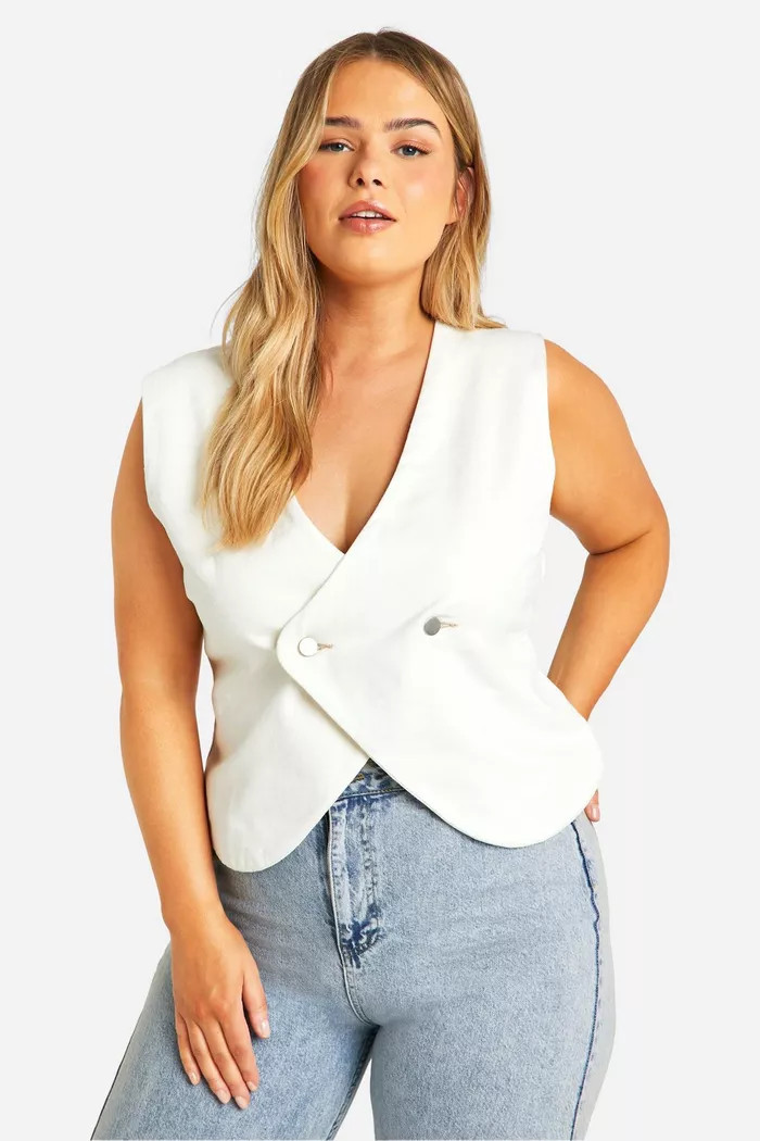 Plus Longline Ecru Denim Vest | boohoo (US & Canada)