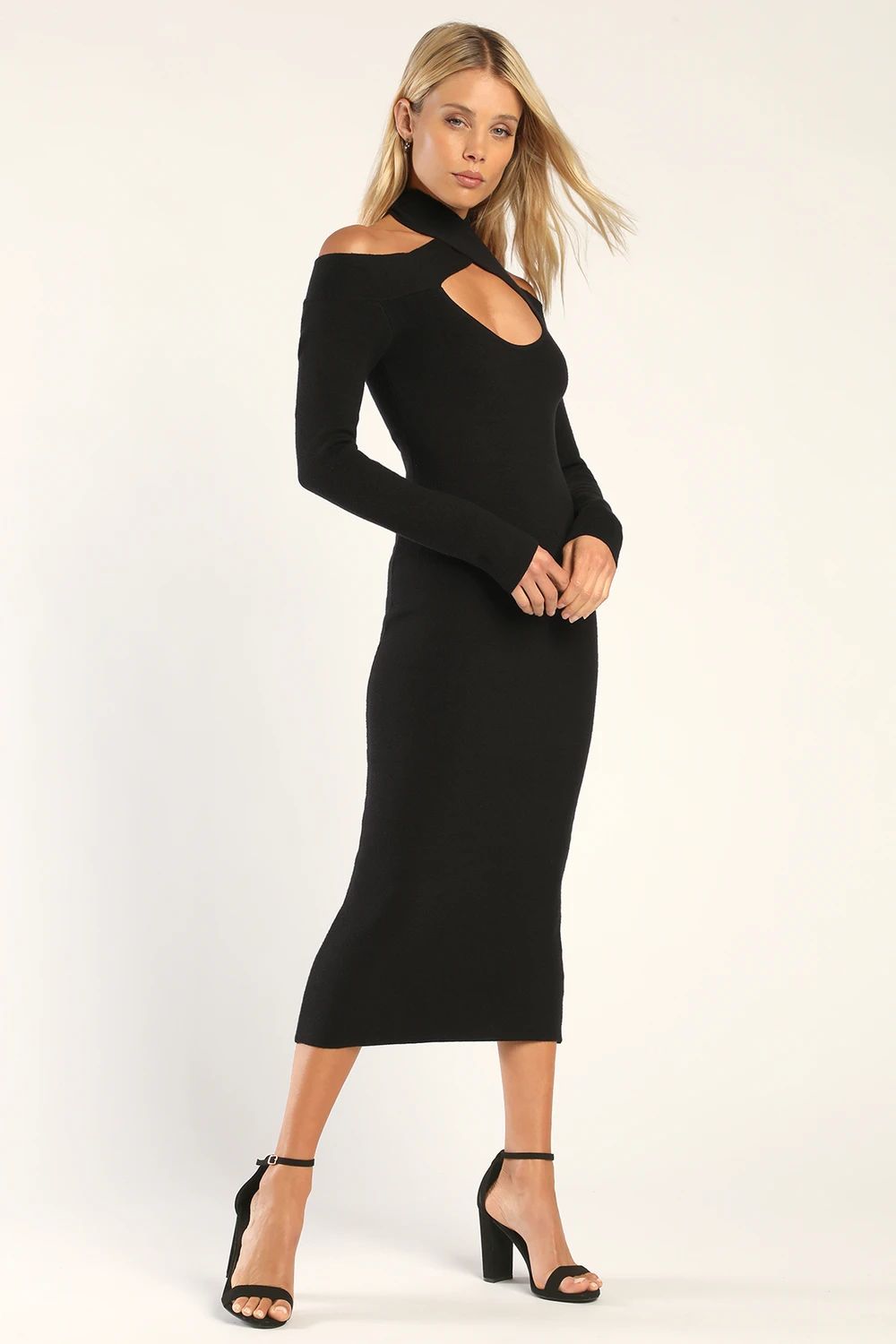 Sultry Saturdays Black Long Sleeve Cutout Midi Sweater Dress | Lulus (US)
