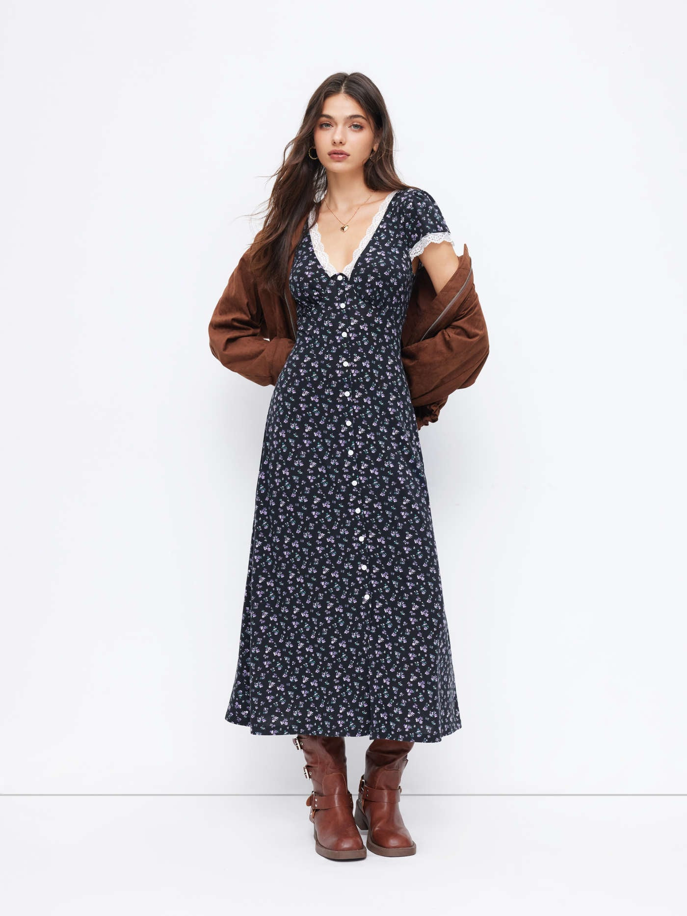 Floral V-neck Short Sleeve Lace Trim Button Maxi Dress | Cider