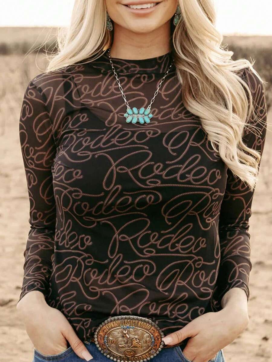 CILKOO Western Cowboy Print Turtleneck Long Sleeve Mesh Top, Spring Casual Black | SHEIN