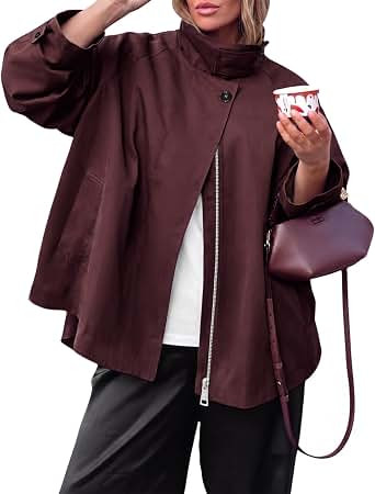 Amazon.com: Tanakneo Womens Overiszed Trench Coats Stand Collar Fall Casual Jackets | A-Line, Rag... | Amazon (US)
