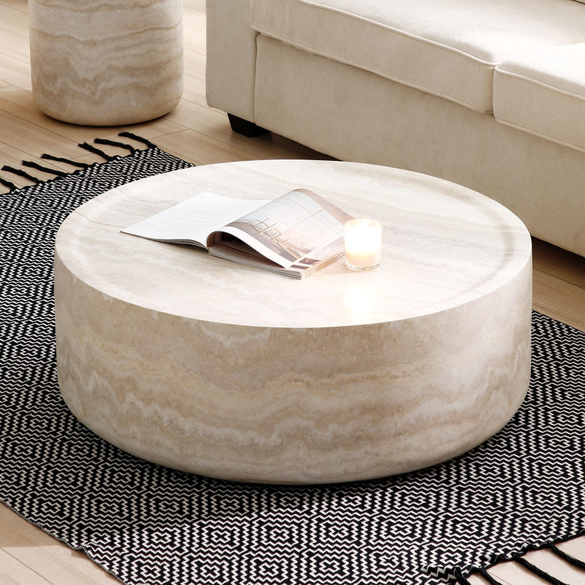 Round Coffee Table, Modern Tea Faux Travertine Textured Table Fiberglass Center Table for Living Room, Office, No Need Assembly, 35.43”L x 35.43”W x 12”H, Marble | Amazon (US)