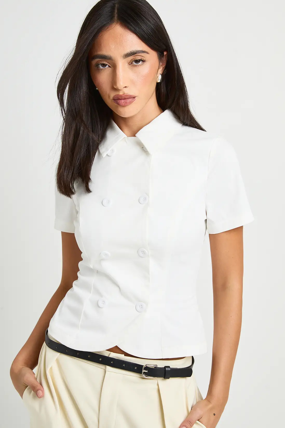 White Twill Double Breasted Short Sleeve Shirt | Boohoo | Boohoo.com (UK & IE)