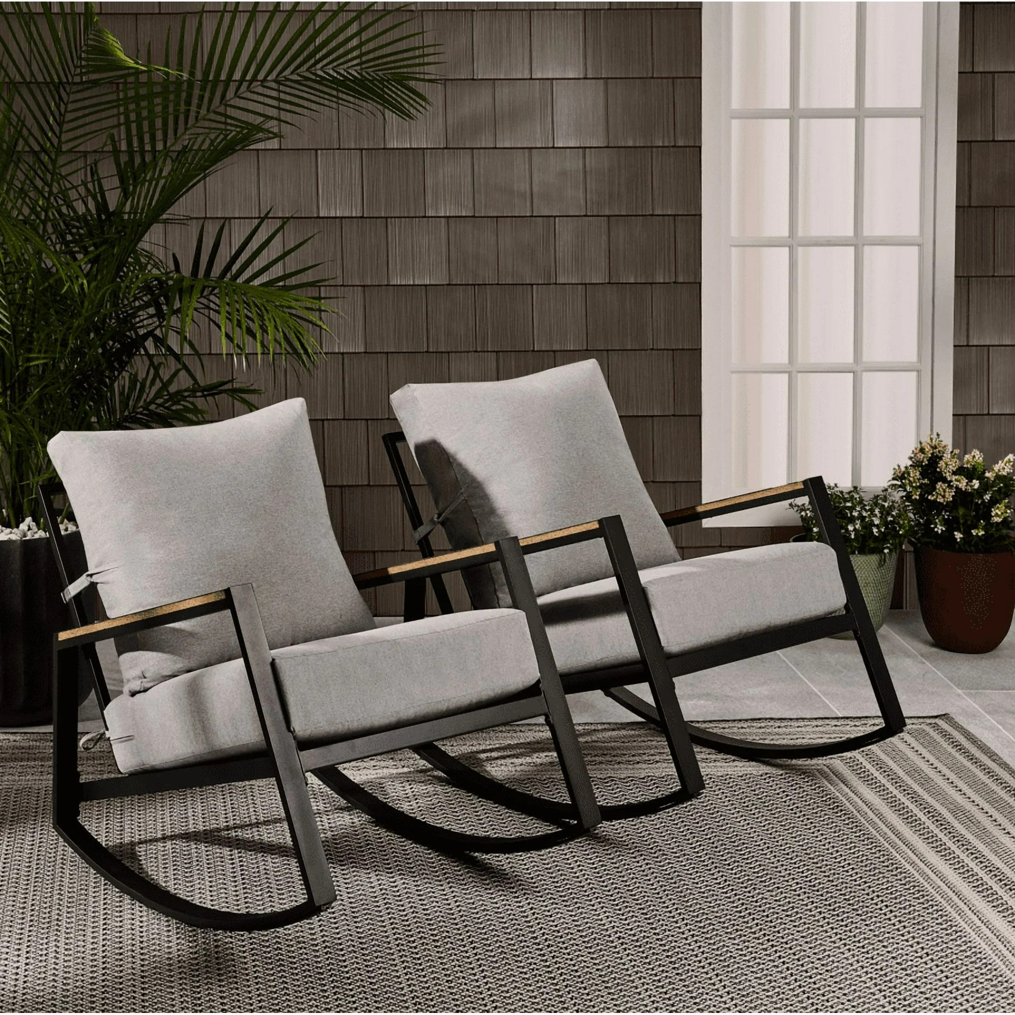 Better Homes & Gardens Marlow Outdoor 2pk Patio Rocking Chairs, Black Frame/Gray Cushion | Walmart (US)