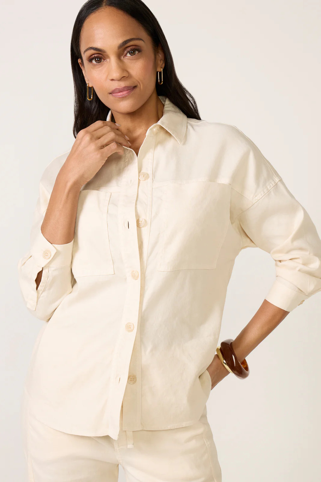 EVEREVE Women's Frankie Stretch Linen Long Shacket, Size XL, Bone White | Evereve