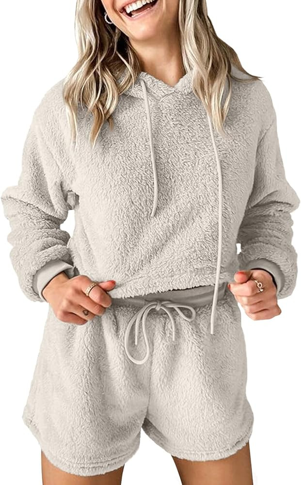 Fazortev Women Fuzzy Pajama Sets Fluffy 2 Piece Outfits Cropped Hoodie High Waist Drawstring Shor... | Amazon (US)