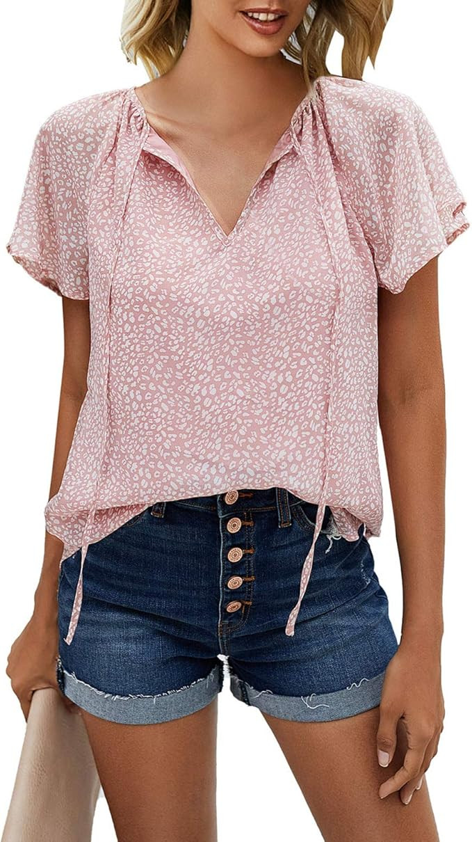Mansy Women's Casual Floral Print V Neck Ruffle Short Sleeve Summer Shirts Tops Loose Blouses | Amazon (US)