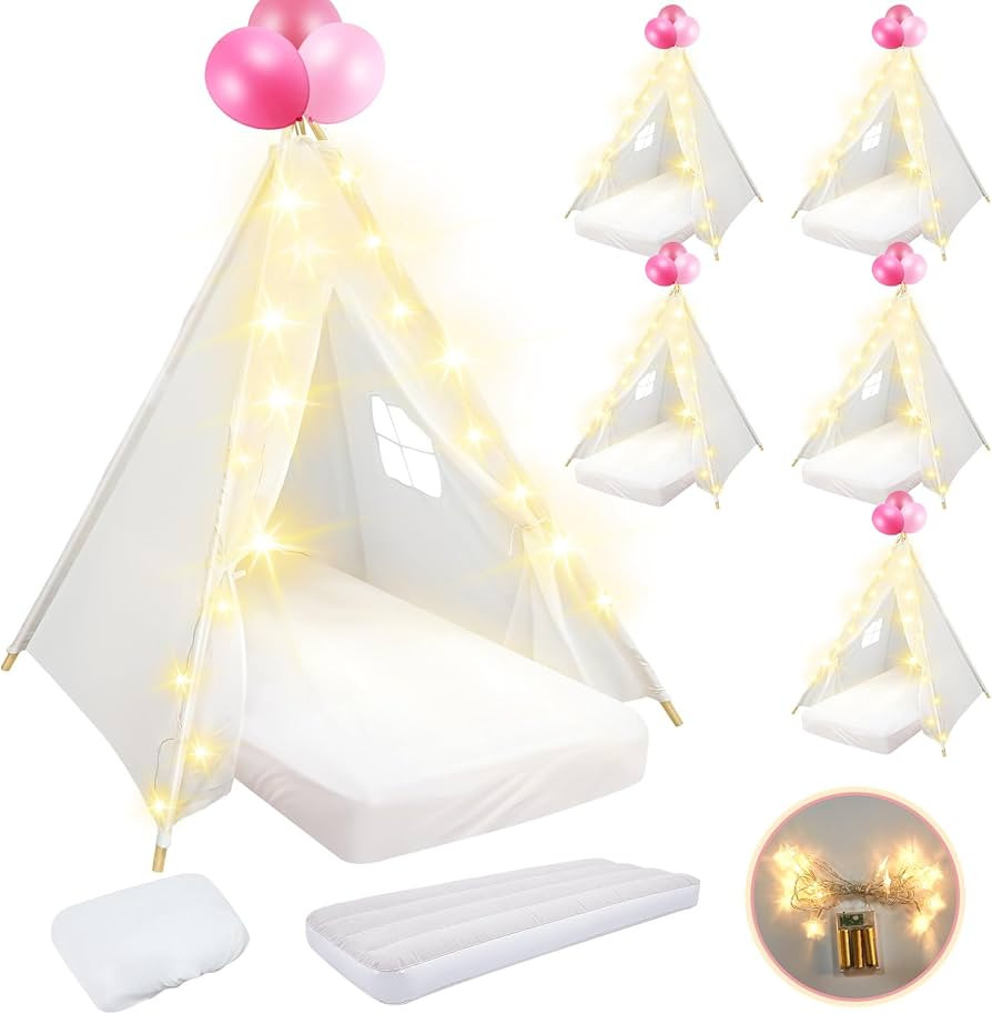 6 Pack Sleepovers Teepee Tent for Kids Bulk with Mattress Sheet Light,Natural Cotton Washable Ind... | Amazon (US)