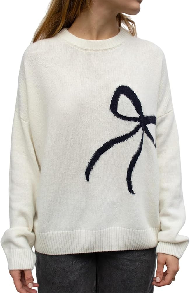 Women Cute Bow Knit Sweater Y2k Loose Crew Neck Long Sleeve Knitted Pullover Tops Overiszed Aesth... | Amazon (US)
