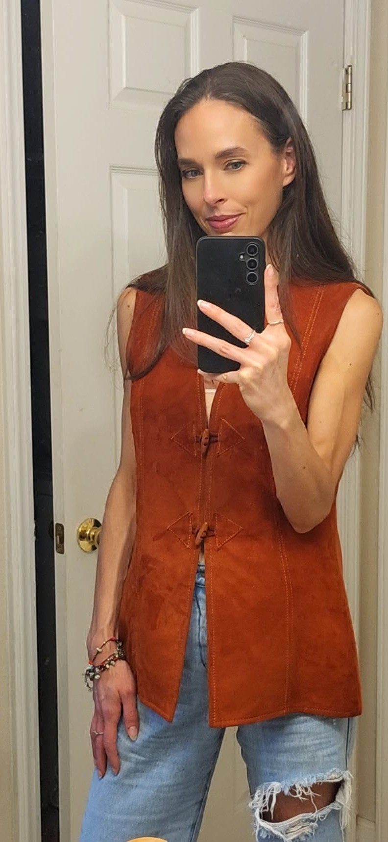 Another way to style a suede vest. Leather vest. Cognac suede vest. Fall style. Fall outfit inspo. Straight distressed jeans. 

#LTKSeasonal #LTKSaleAlert