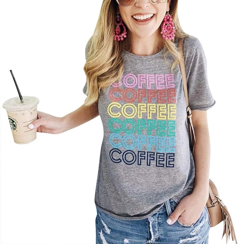 Coffee T Shirts for Women Coffee Coffee Coffee Letters Print Shirt with Funny Sayings Casual Tee ... | Amazon (US)