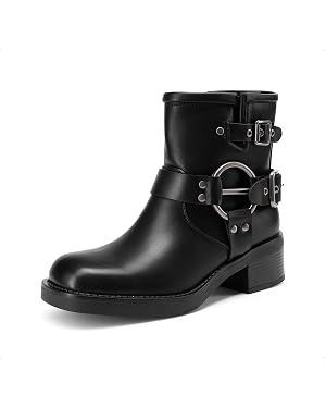 DREAM PAIRS Women's Ankle Boots Fashion Buckles Square Toe Motorcycle Riding Biker Boots Low Chun... | Amazon (US)