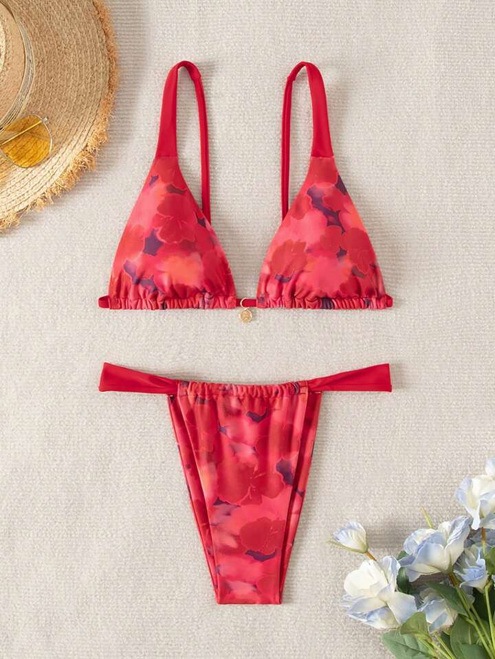 Women's Summer Beach Tie-Dye Sexy Bikini Set (Random Print) Red Bikini Set | SHEIN