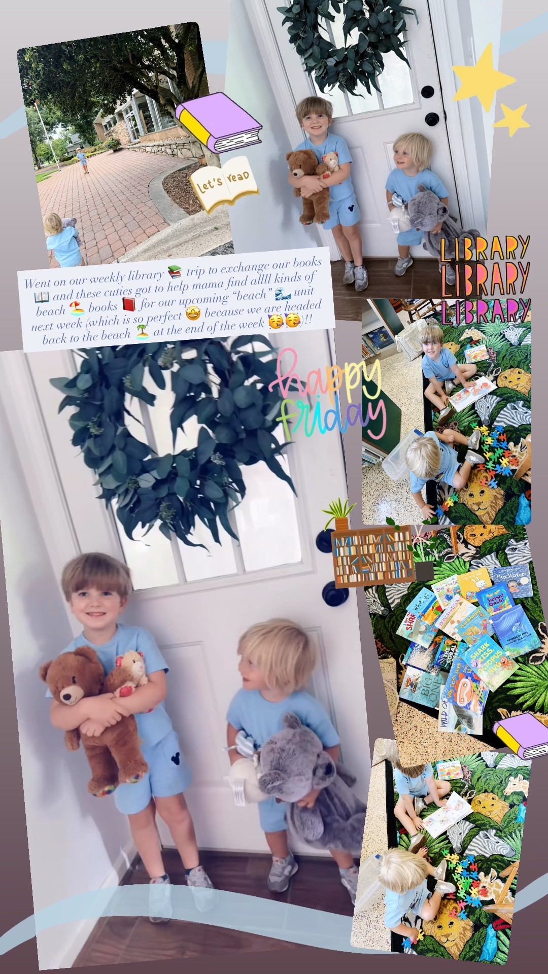 Went on our weekly library 📚 trip to exchange our books 📖 and these cuties got to help mama find allll kinds of beach 🏖️ books 📕 for our upcoming “beach” 🌊 unit next week (which is so perfect 🤩 because we are headed back to the beach 🏝️ at the end of the week 🥳🥳)!!
