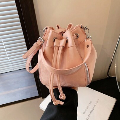 1pc Beige Mini Bucket Bag With Zipper Decor, Drawstring Closure, Fashion Simple Shoulder Bag, Crossbody Bag Suitable For Women Shopping & Daily Use | SHEIN